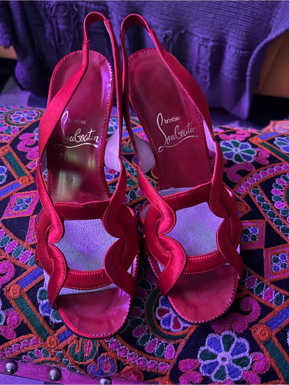 Christian Louboutin RED Satin Wavy Slingback Heels